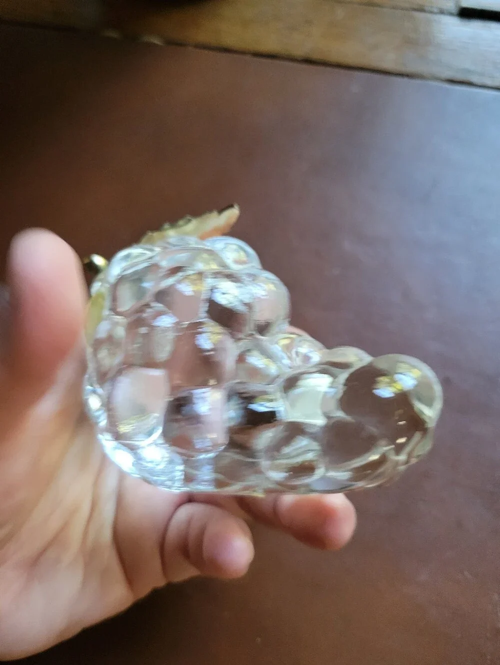 Vintage Grape Cluster Paperweight Clear Crystal Gold Tone Leaf Decor Art Glass